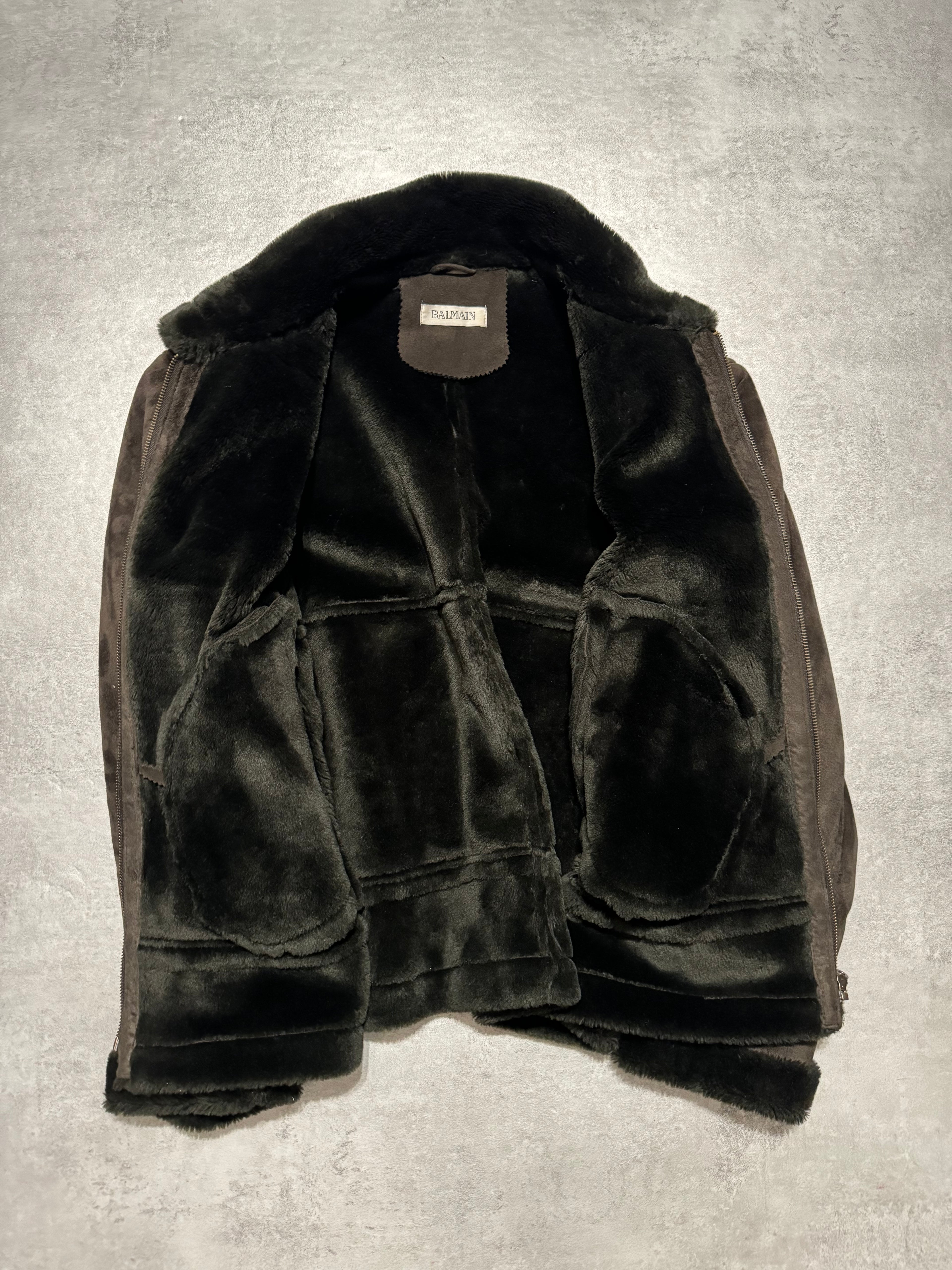 2000s Balmain Brown Faux Fur Shearling Aviator Jacket (L) - 3