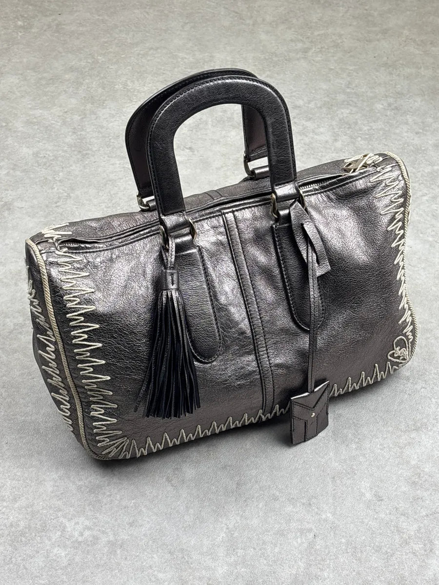 2000s Yves Saint Laurent Silver Grey Leather Contrast Whipstitch Handle Bag sQtkBFCK 3