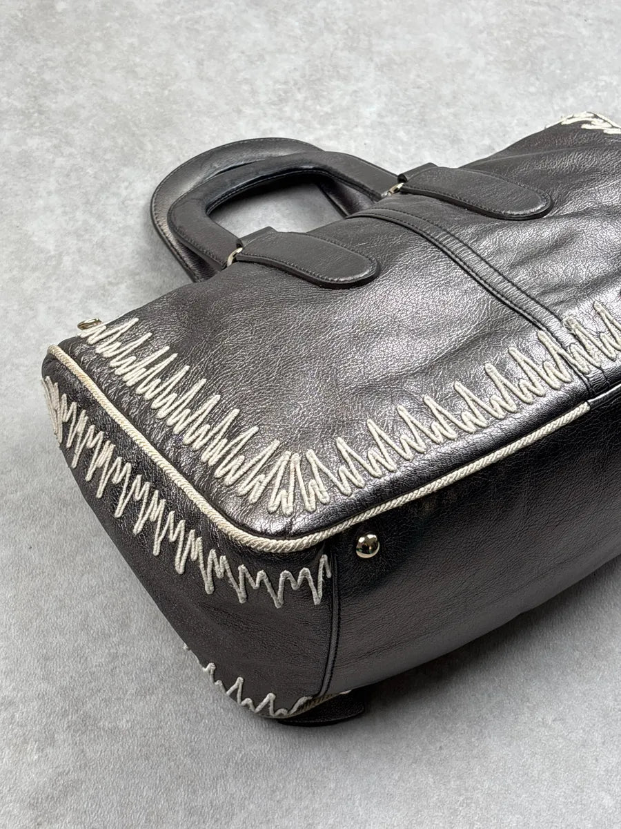 2000s Yves Saint Laurent Silver Grey Leather Contrast Whipstitch Handle Bag sQtkBFCK 12