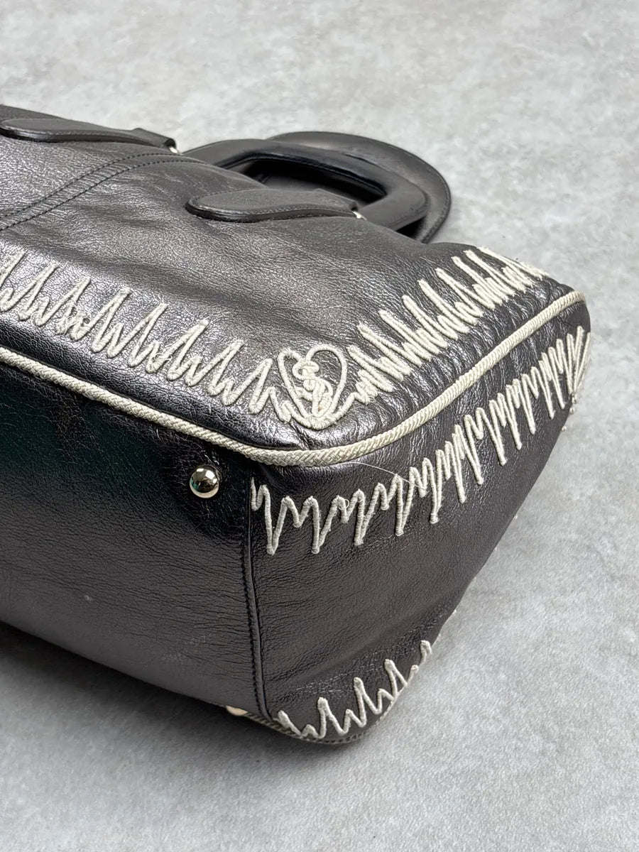 2000s Yves Saint Laurent Silver Grey Leather Contrast Whipstitch Handle Bag sQtkBFCK 13