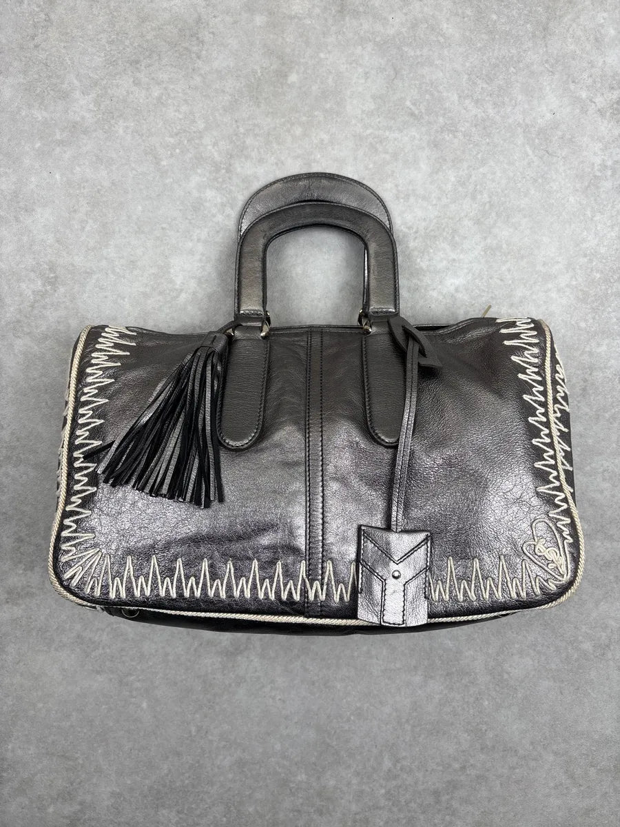 2000s Yves Saint Laurent Silver Grey Leather Contrast Whipstitch Handle Bag sQtkBFCK 0
