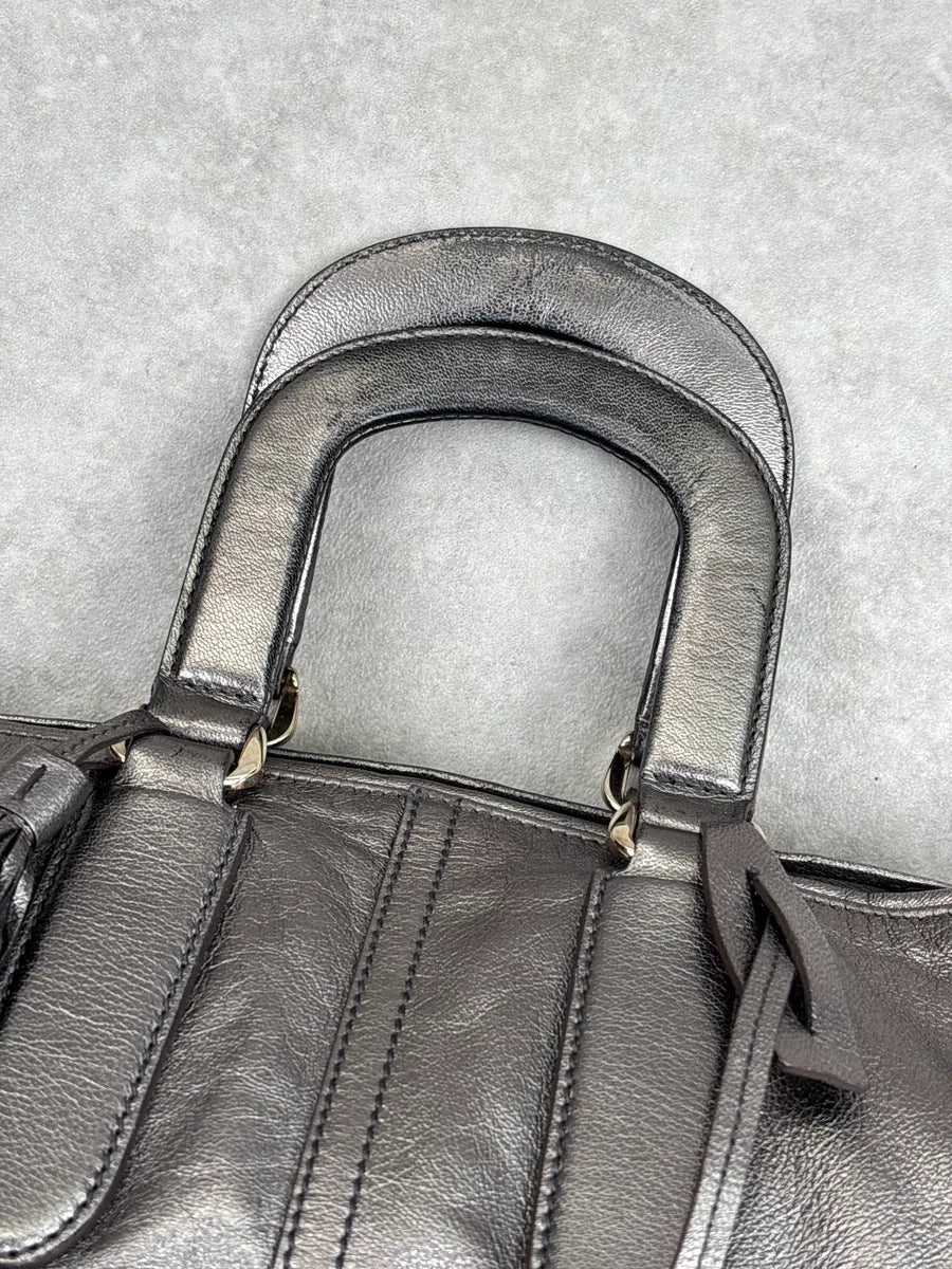 2000s Yves Saint Laurent Silver Grey Leather Contrast Whipstitch Handle Bag sQtkBFCK 5