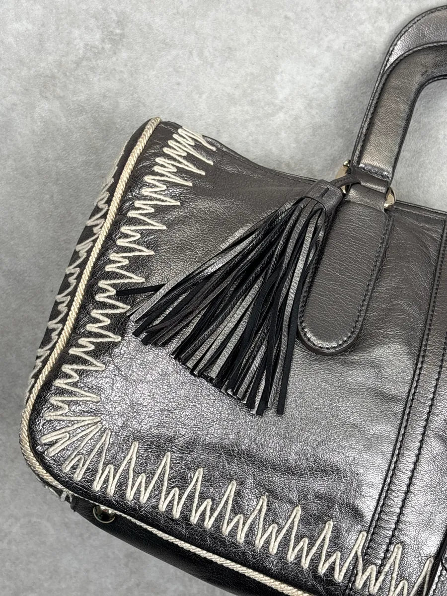 2000s Yves Saint Laurent Silver Grey Leather Contrast Whipstitch Handle Bag sQtkBFCK 6
