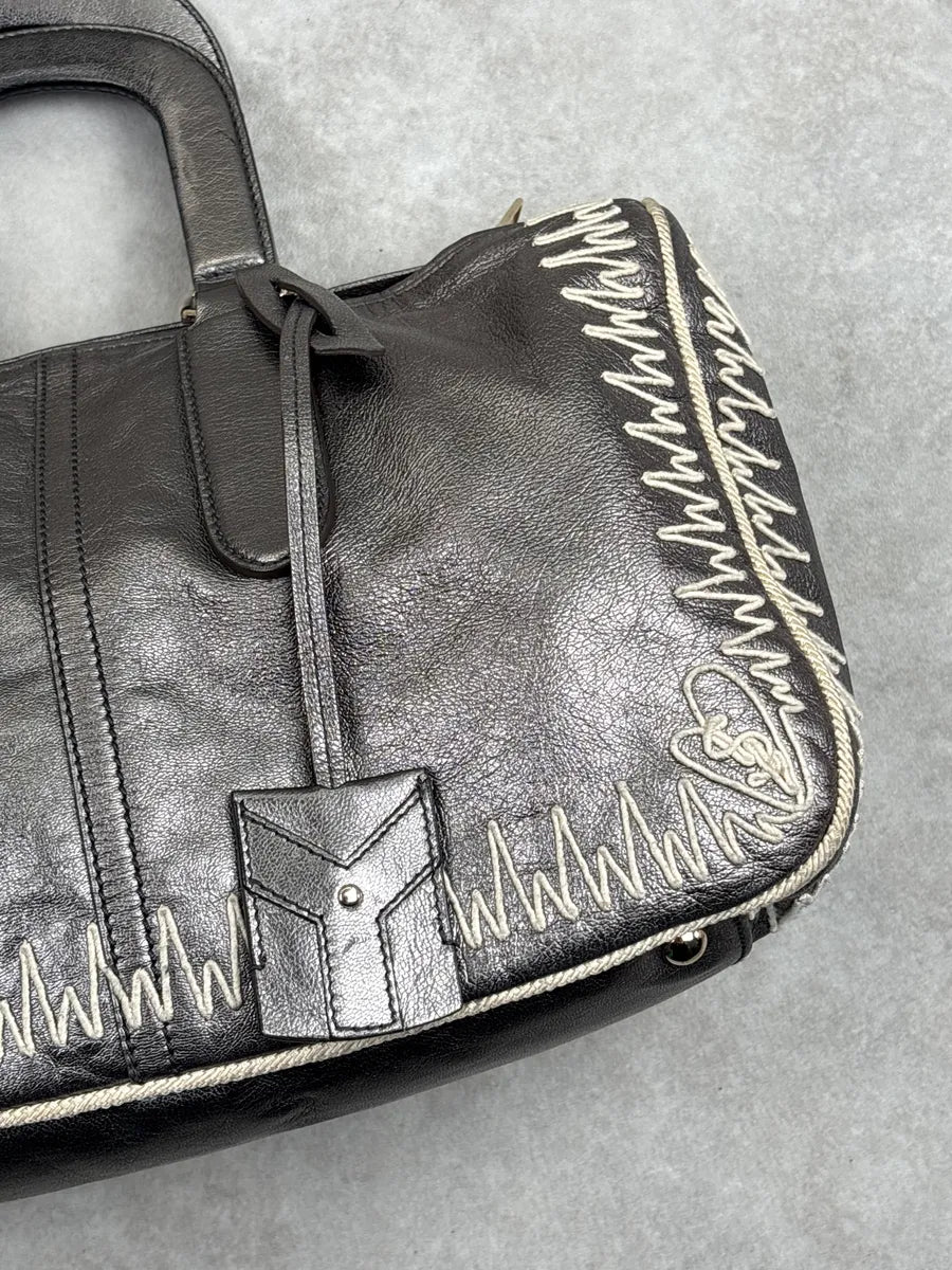 2000s Yves Saint Laurent Silver Grey Leather Contrast Whipstitch Handle Bag sQtkBFCK 7