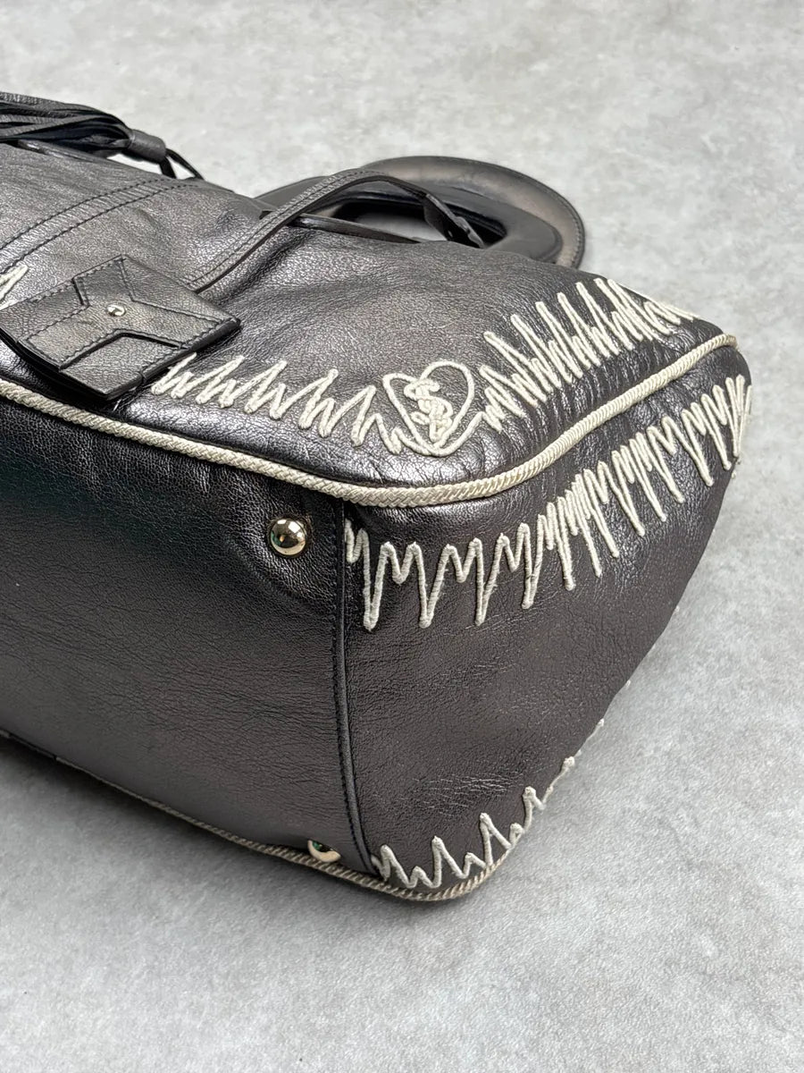 2000s Yves Saint Laurent Silver Grey Leather Contrast Whipstitch Handle Bag sQtkBFCK 8