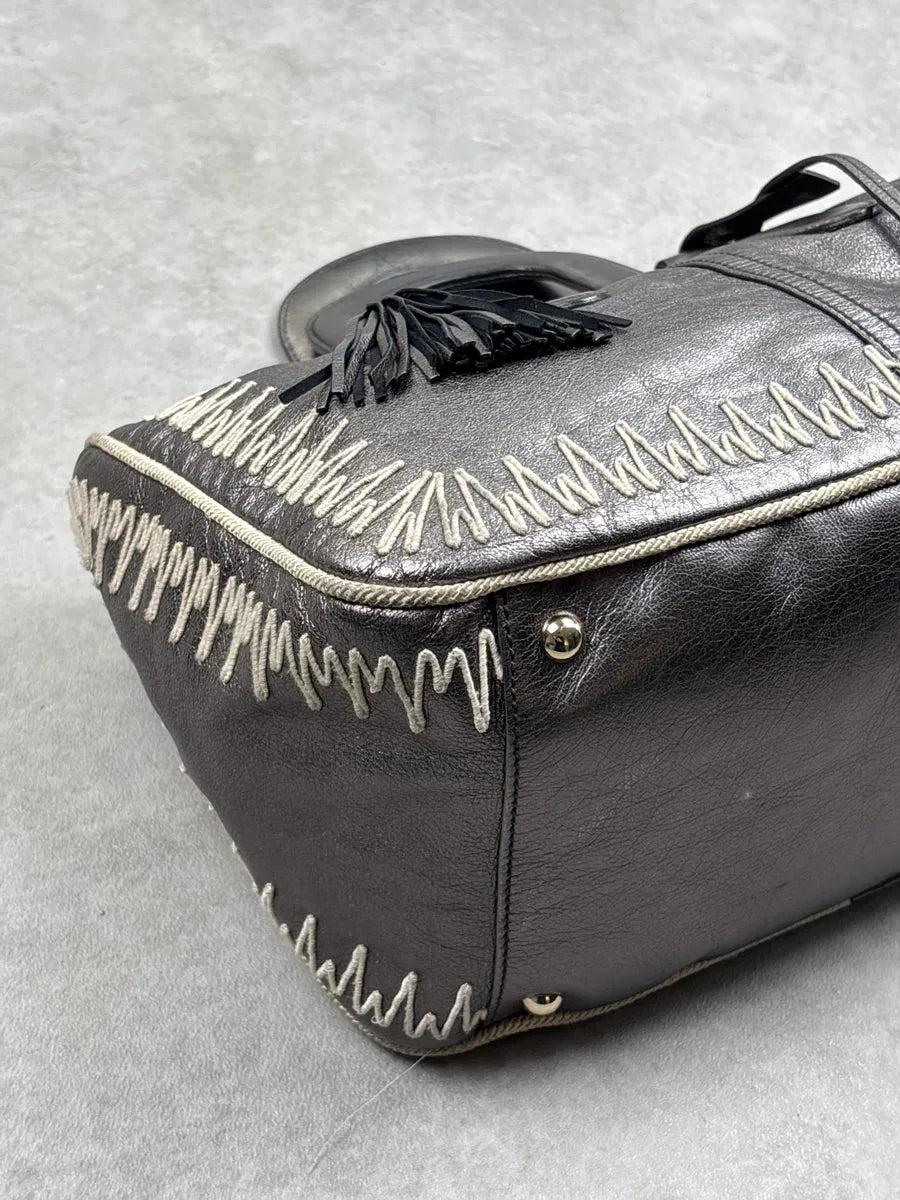 2000s Yves Saint Laurent Silver Grey Leather Contrast Whipstitch Handle Bag sQtkBFCK 9