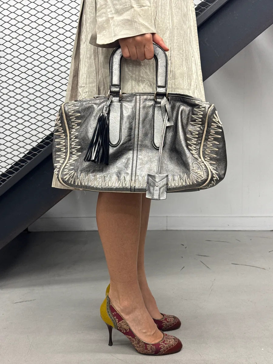 2000s Yves Saint Laurent Silver Grey Leather Contrast Whipstitch Handle Bag sQtkBFCK 1