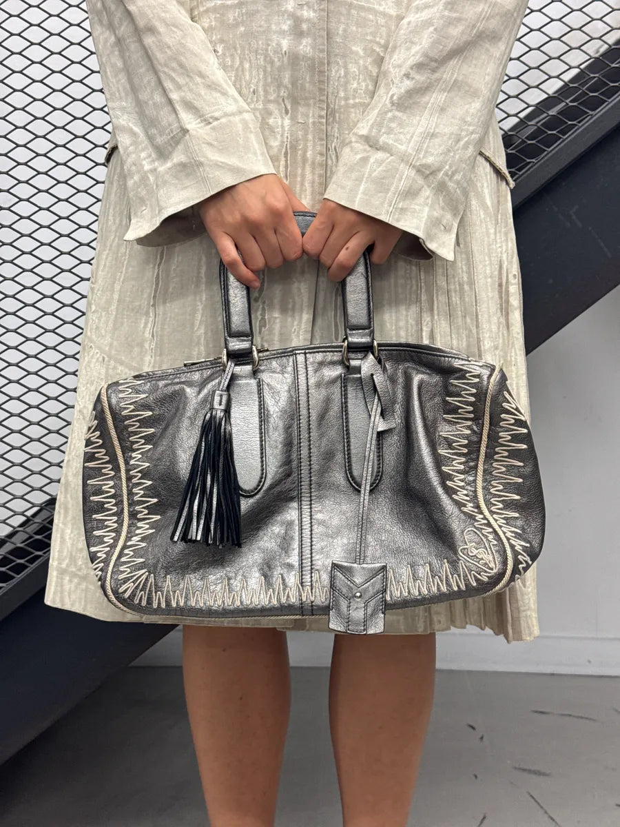 2000s Yves Saint Laurent Silver Grey Leather Contrast Whipstitch Handle Bag sQtkBFCK 2