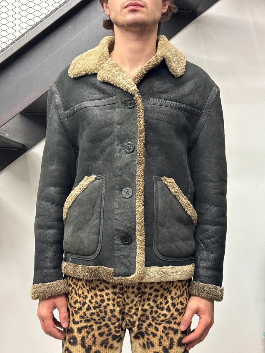 1990s Gianfranco Ferré Black Shearling Aviator Leather Jacket sUiZnjXY 1