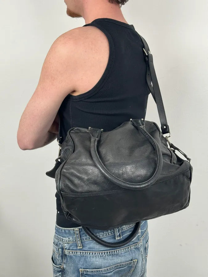 2000s Diesel Black Dual Zippers Leather Messenger Bag kjPiZxM 2