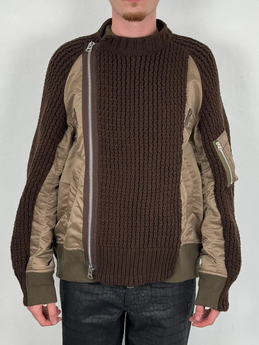 Sacai Hybrid Wool Nylon Brown Bomber Jacket kWRZMxt 1