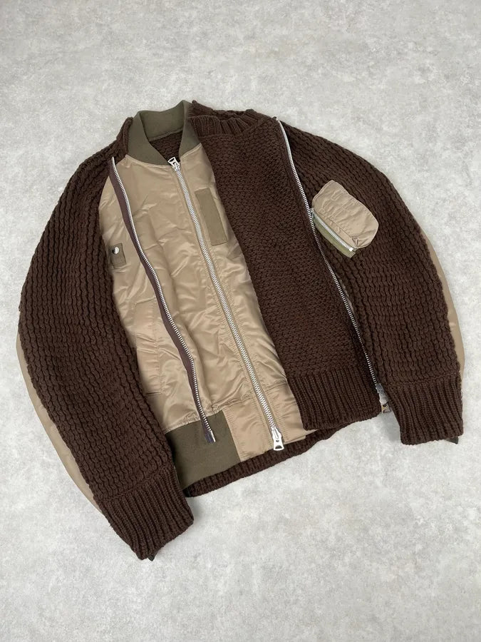 Sacai Hybrid Wool Nylon Brown Bomber Jacket kWRZMxt 5