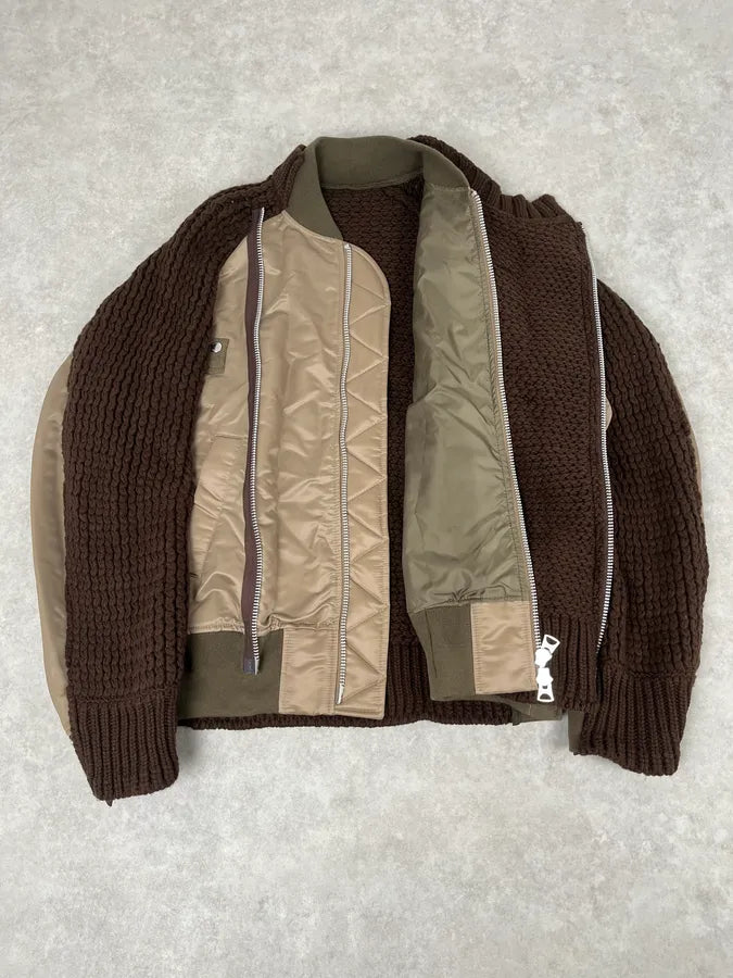 Sacai Hybrid Wool Nylon Brown Bomber Jacket kWRZMxt 3