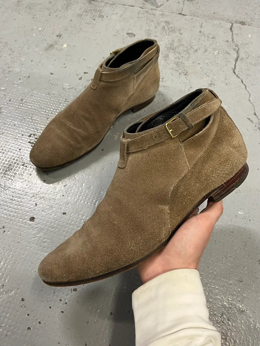 Saint Laurent Beige Suede Strap Camel Leather Boots EvJoKYp 0