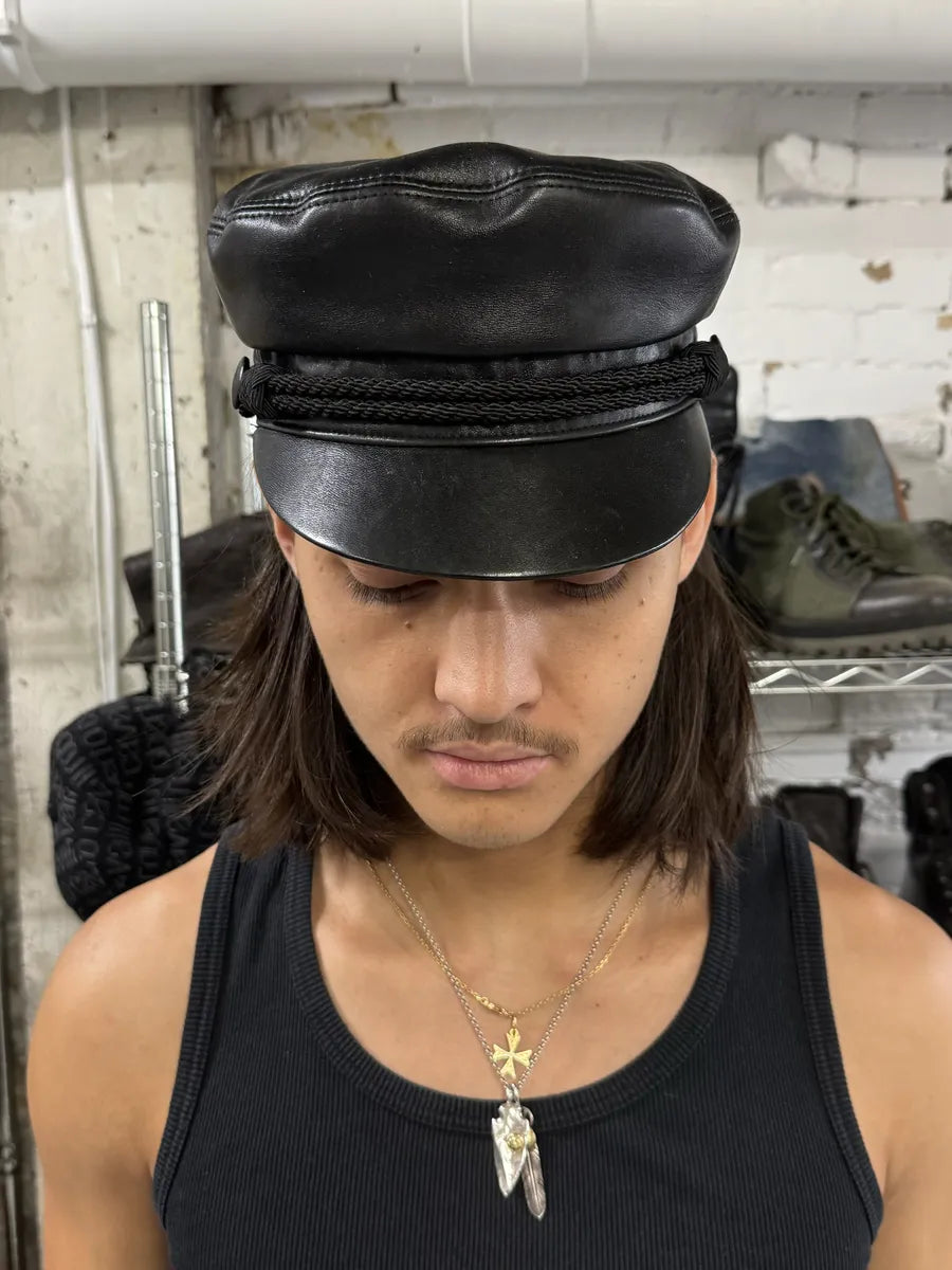 Saint Laurent Black Leather Newsboy Cap AINlPEO 1