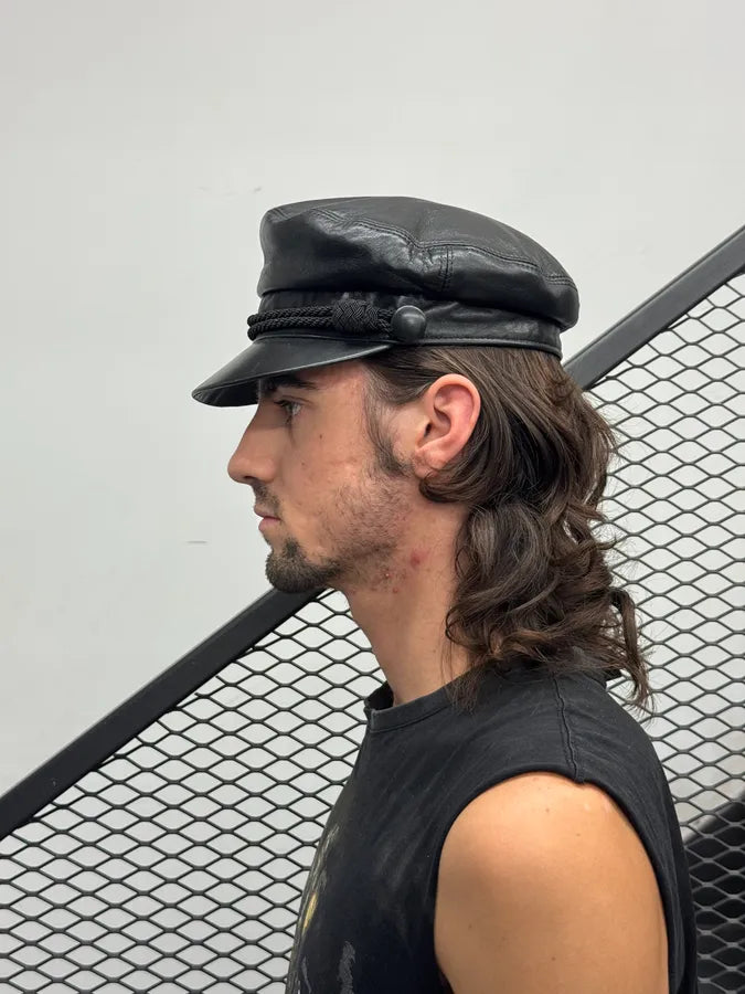 Saint Laurent Black Leather Officer Cap RCJehZW 2