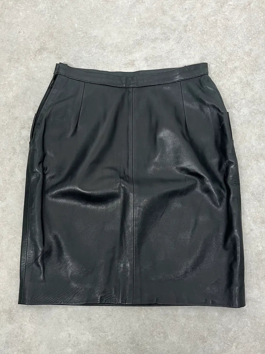 1990s Saint Laurent Rive Gauche Black Leather Skirt  hEeRzwJ 4