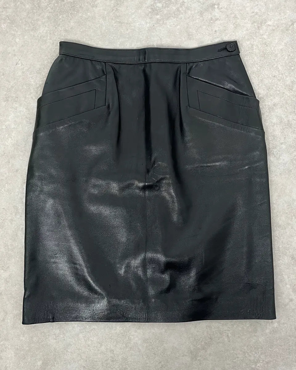 1990s Saint Laurent Rive Gauche Black Leather Skirt  hEeRzwJ 0