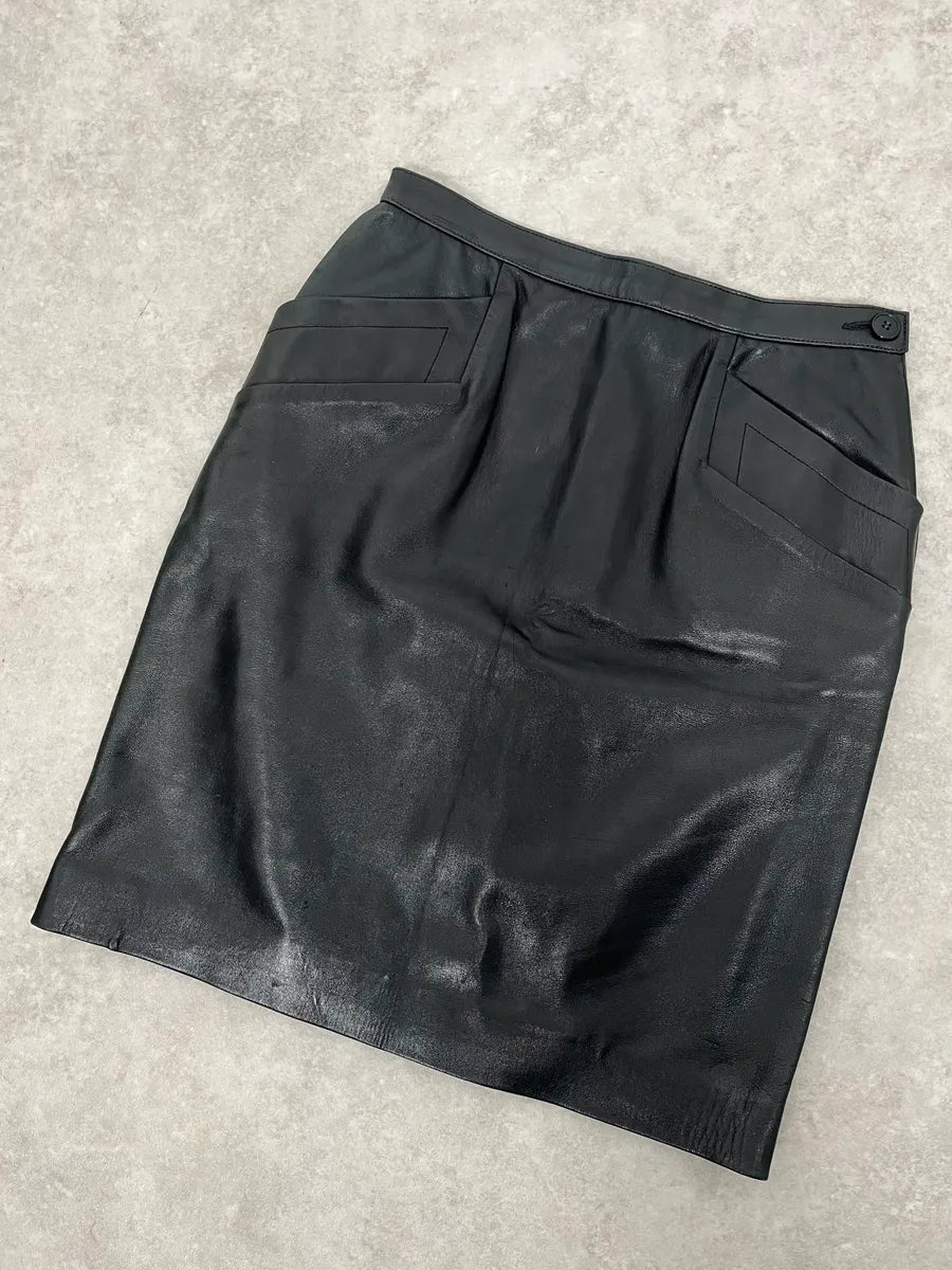 1990s Saint Laurent Rive Gauche Black Leather Skirt  hEeRzwJ 5