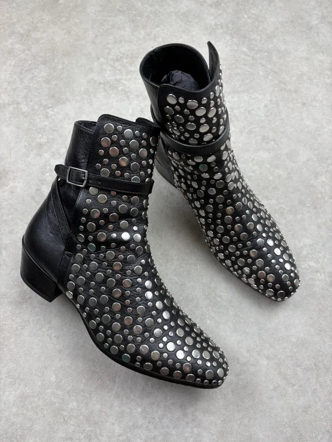 Saint Laurent Black Leather Studded Ankle Boots bUneNOB 4
