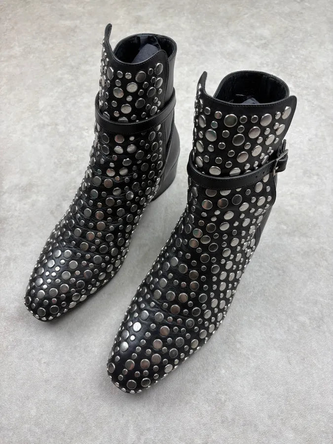Saint Laurent Black Leather Studded Ankle Boots bUneNOB 3