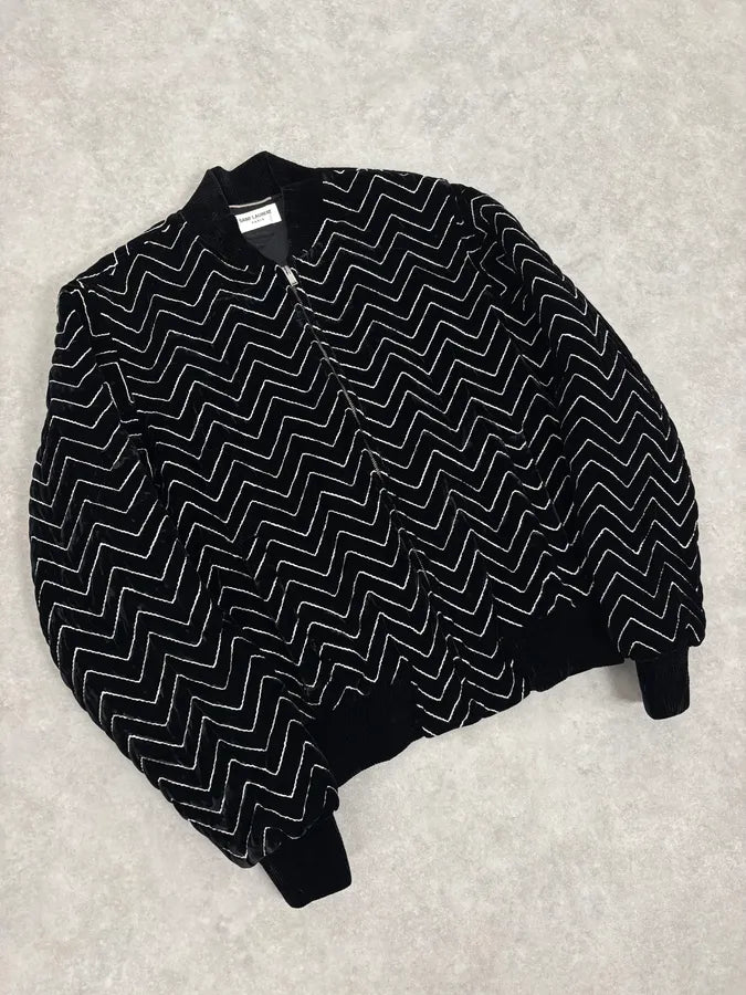 Saint Laurent Black Velvet Quilted Zigzag Bomber Jacket mUWXXae 3