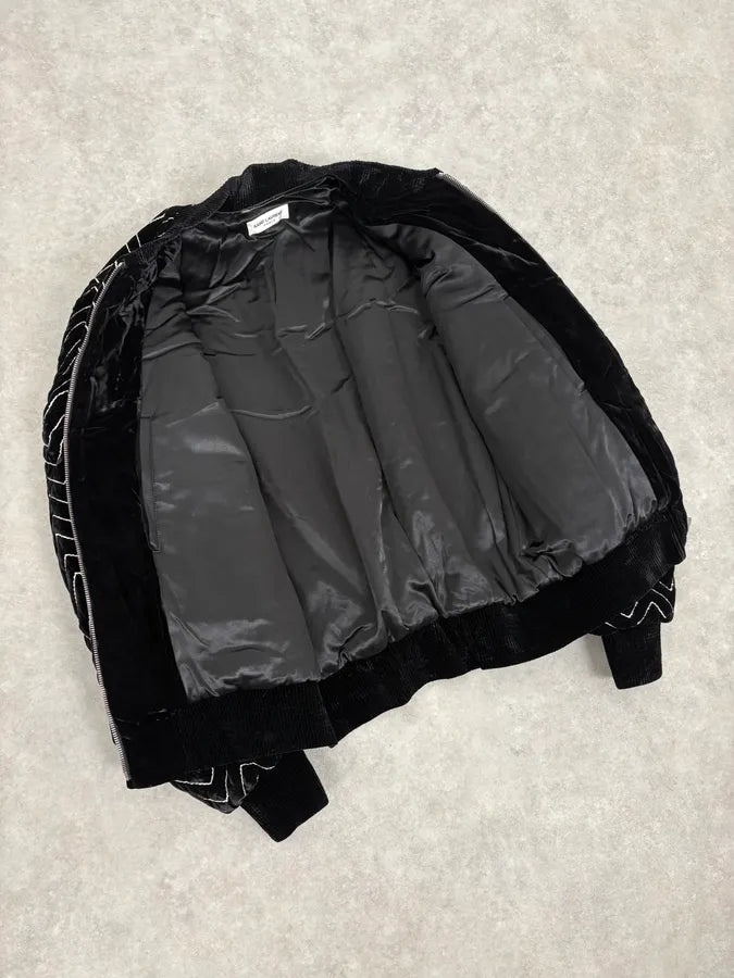 Saint Laurent Black Velvet Quilted Zigzag Bomber Jacket mUWXXae 6