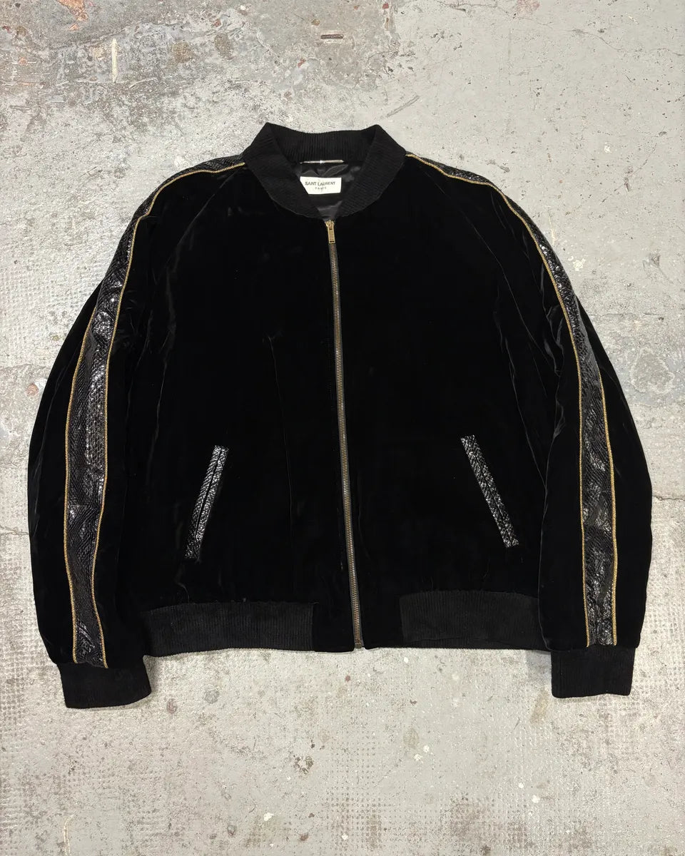 Saint Laurent Black Velvet Snakeskin Effect Armband Bomber Jacket yDysgwI 0