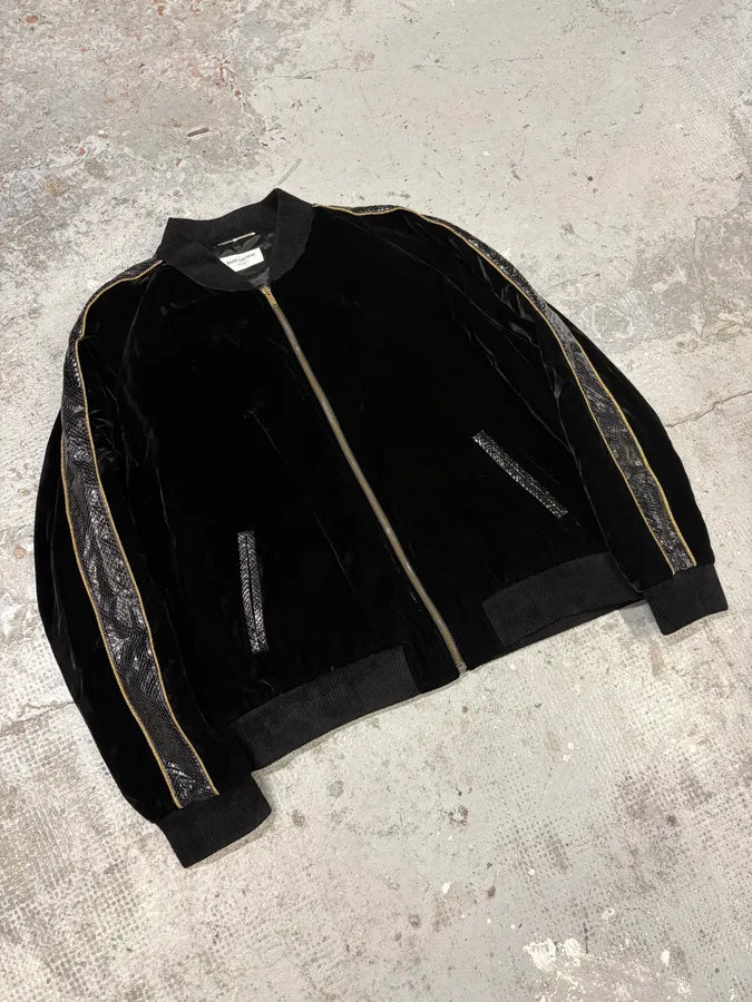 Saint Laurent Black Velvet Snakeskin Effect Armband Bomber Jacket yDysgwI 4