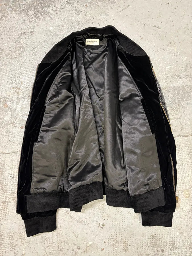 Saint Laurent Black Velvet Snakeskin Effect Armband Bomber Jacket yDysgwI 7
