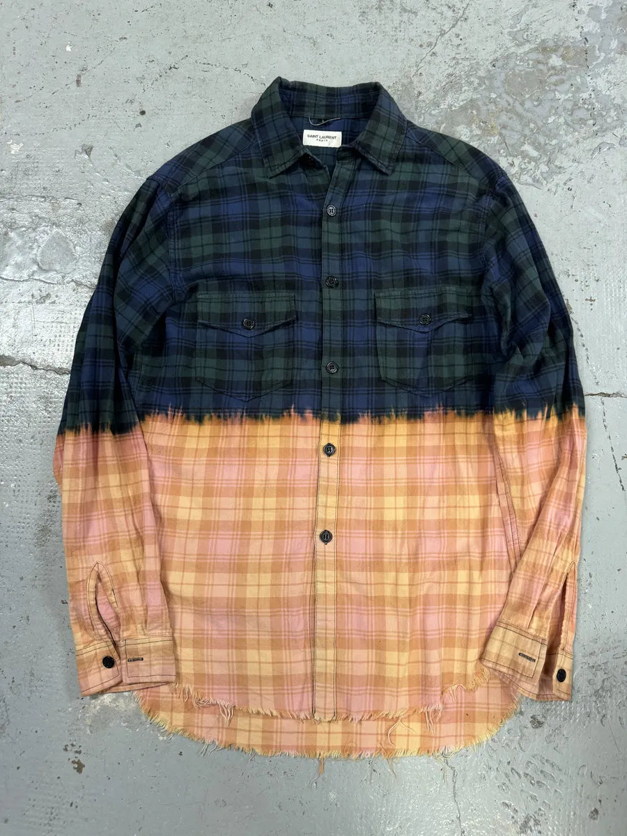 Saint Laurent Bleached Effect Checkered Green & Beige Fire Shirt FVvgChK 0