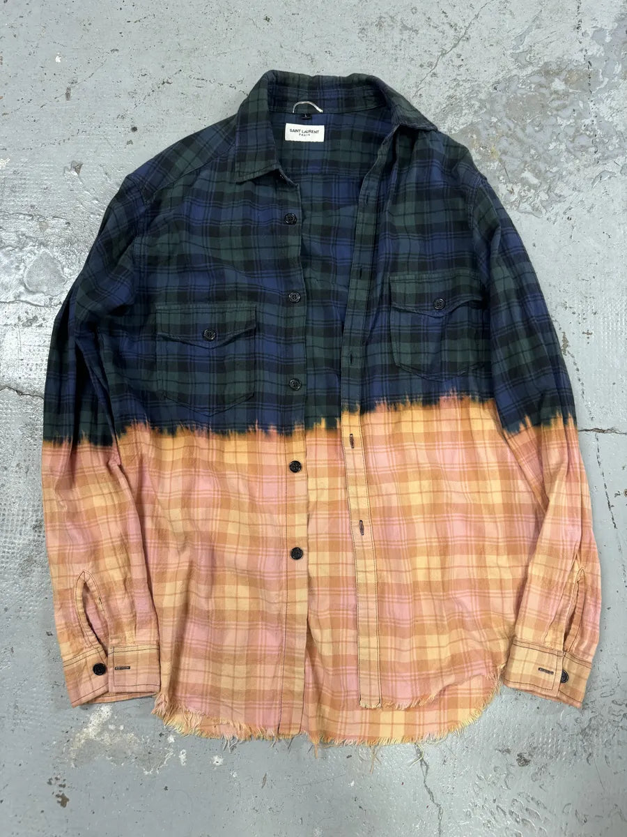 Saint Laurent Bleached Effect Checkered Green & Beige Fire Shirt FVvgChK 7