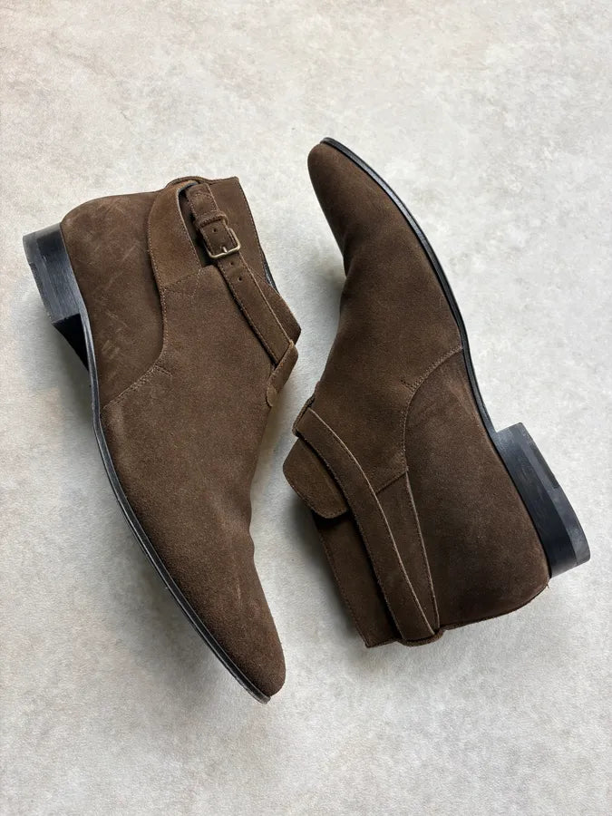 SS2013 Saint Laurent Brown Suede Ankle Leather Boots rHEvTLY 5