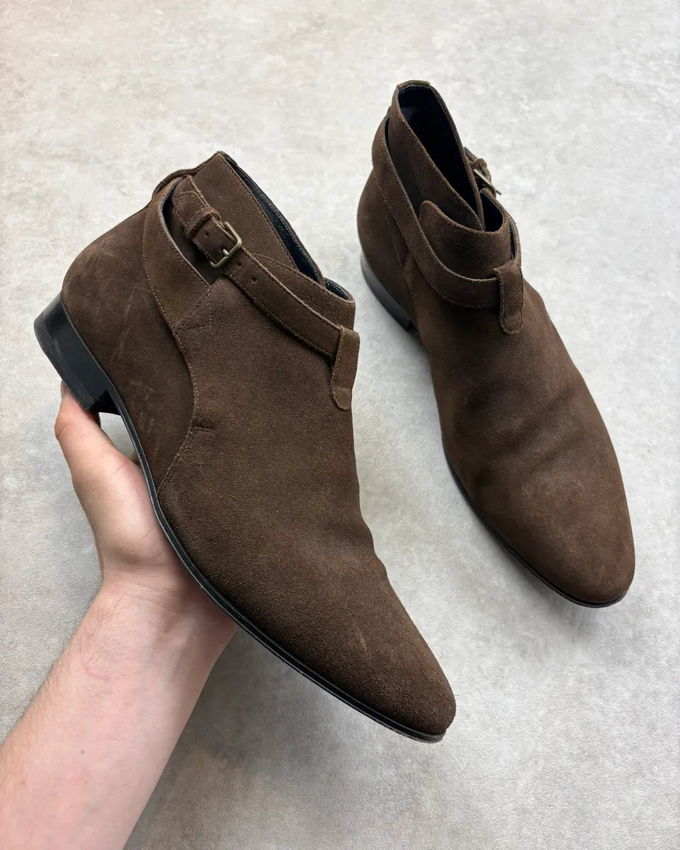 SS2013 Saint Laurent Brown Suede Ankle Leather Boots rHEvTLY 0