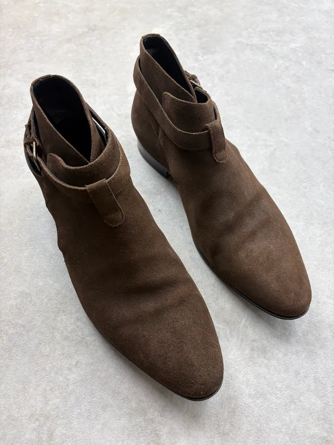 SS2013 Saint Laurent Brown Suede Ankle Leather Boots rHEvTLY 3
