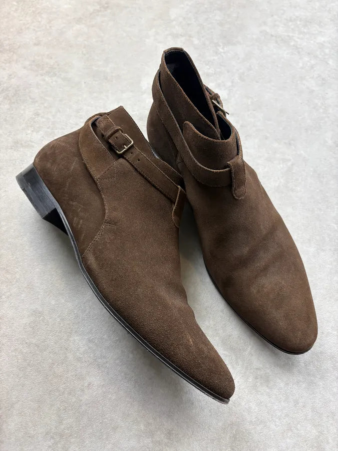 SS2013 Saint Laurent Brown Suede Ankle Leather Boots rHEvTLY 4