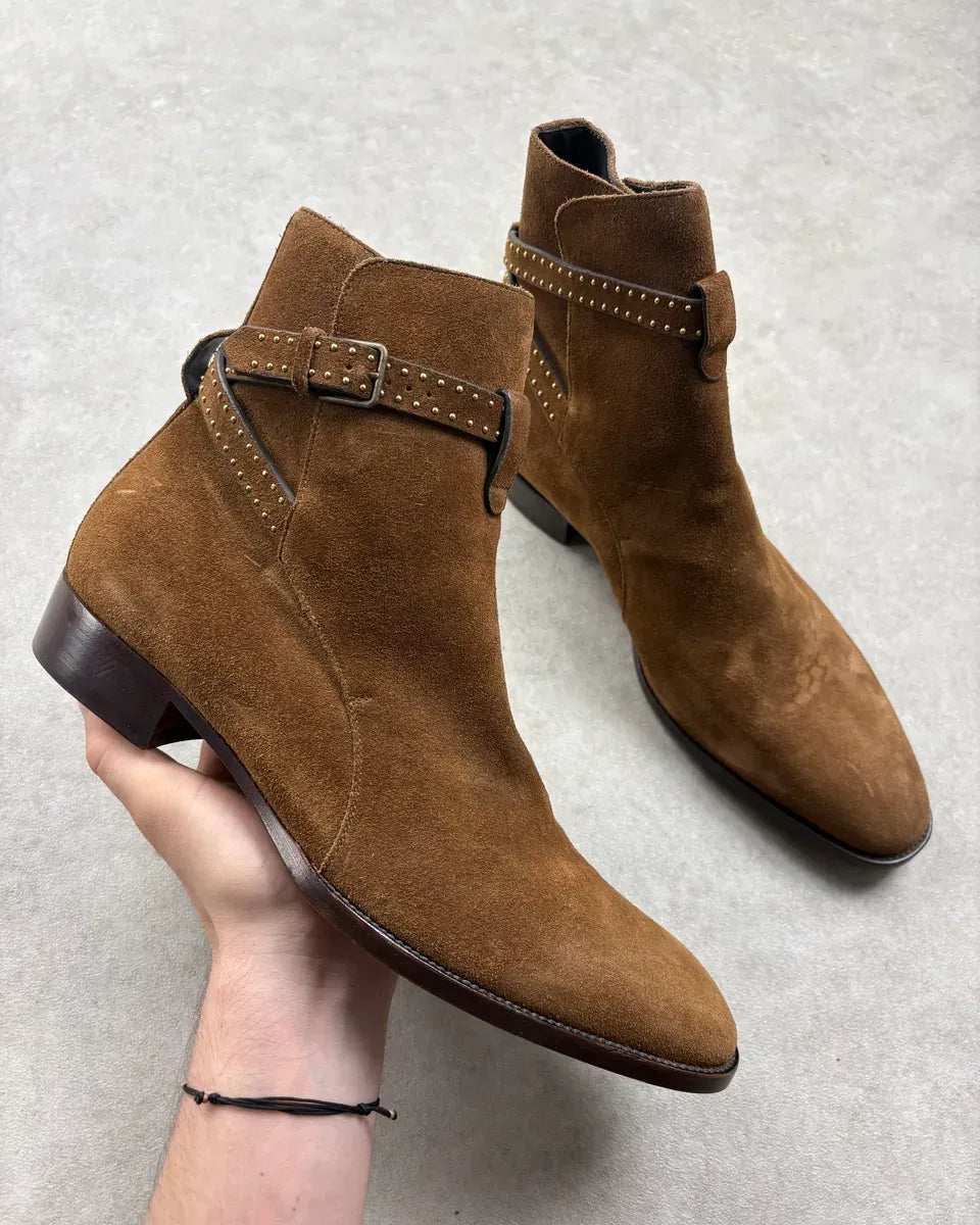 Saint Laurent Brown Suede Leather Studded Boots yZAHHpu 0