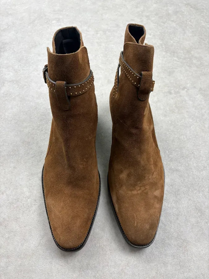 Saint Laurent Brown Suede Leather Studded Boots yZAHHpu 1