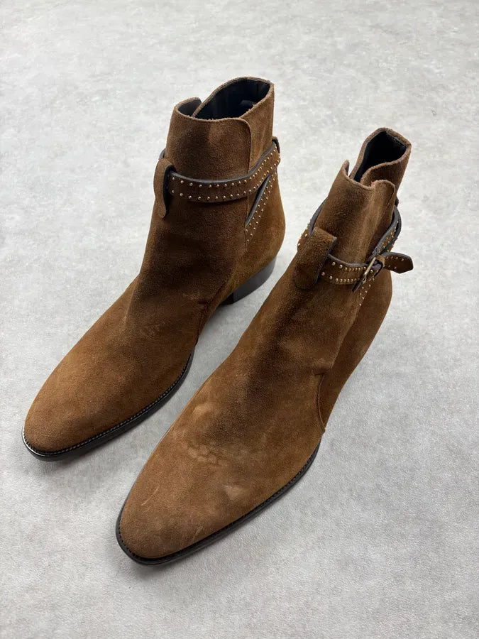 Saint Laurent Brown Suede Leather Studded Boots yZAHHpu 2