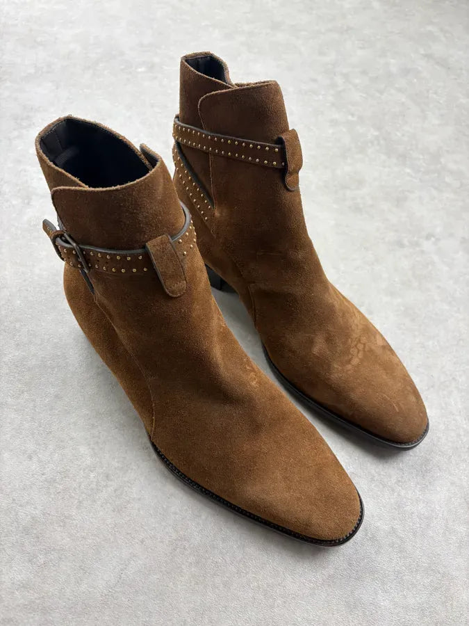 Saint Laurent Brown Suede Leather Studded Boots yZAHHpu 3