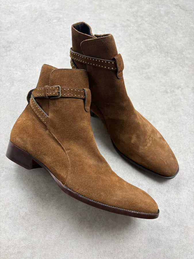 Saint Laurent Brown Suede Leather Studded Boots yZAHHpu 4