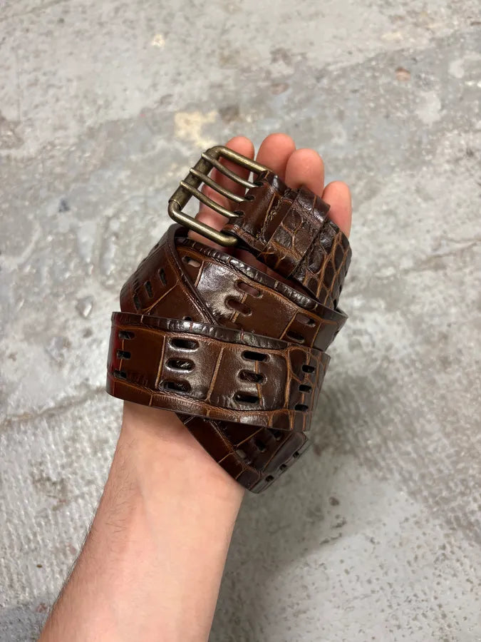 Saint Laurent Crocodile Effect Brown Leather Belt (OS) IMYCiyo 1