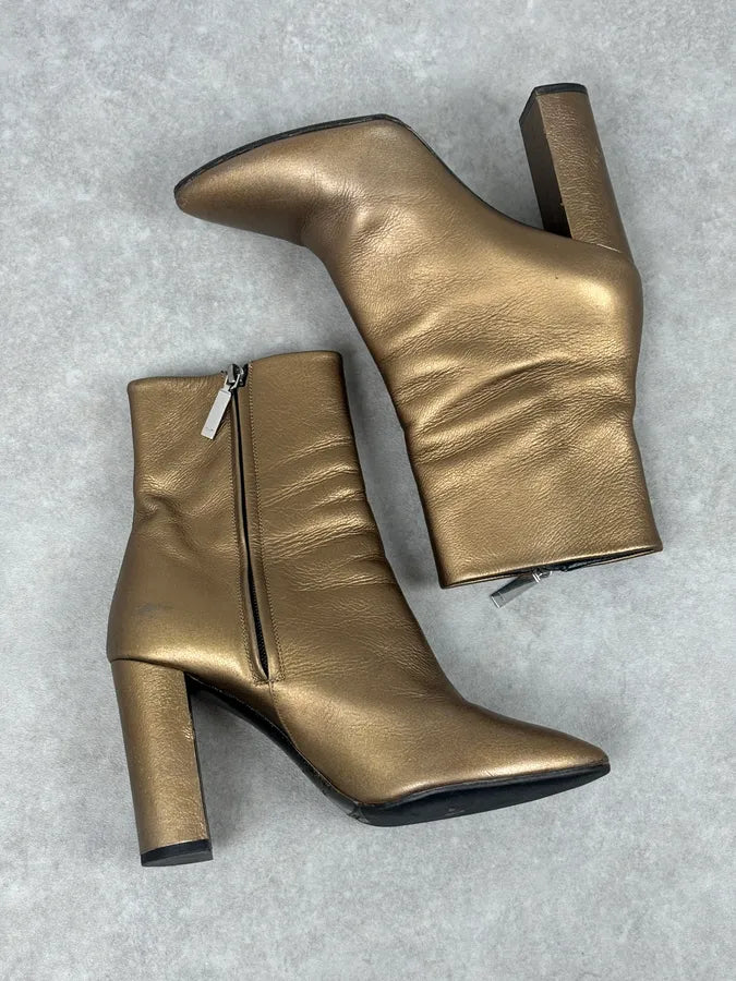 Saint Laurent Gold Leather Ruched Block Heel Bootie IwHWqzz 4
