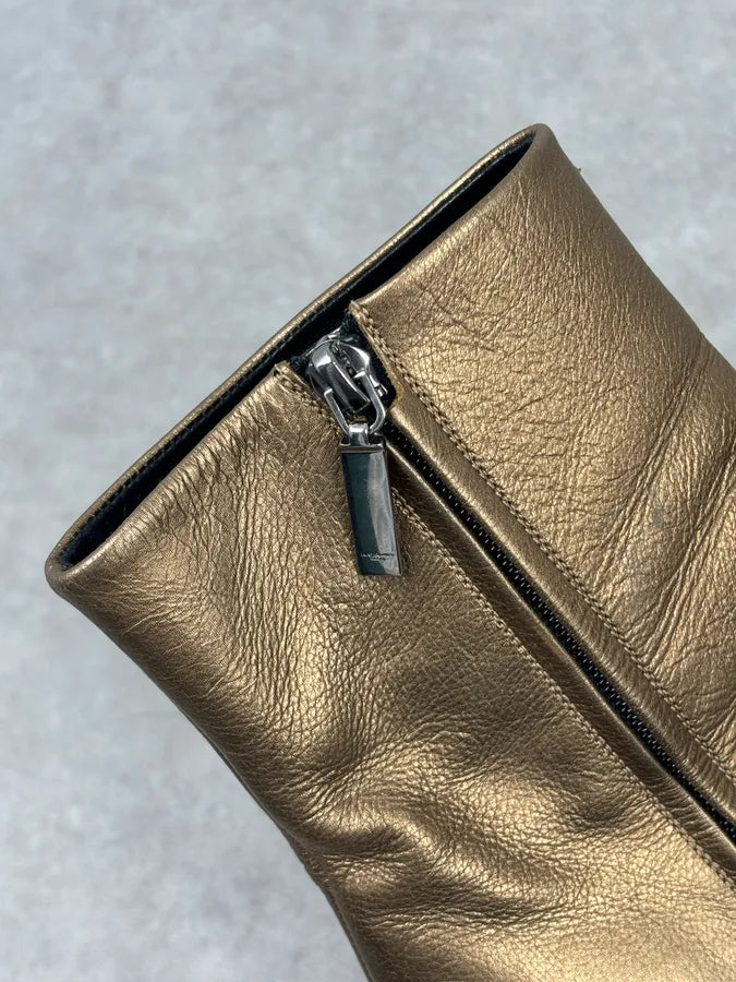 Saint Laurent Gold Leather Ruched Block Heel Bootie IwHWqzz 9