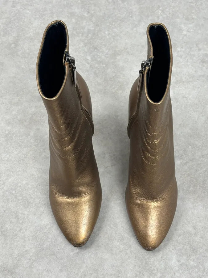 Saint Laurent Gold Leather Ruched Block Heel Bootie IwHWqzz 2