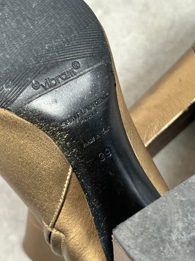 Saint Laurent Gold Leather Ruched Block Heel Bootie IwHWqzz 13
