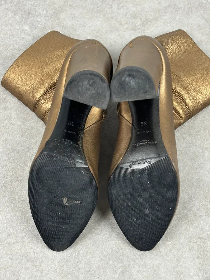 Saint Laurent Gold Leather Ruched Block Heel Bootie IwHWqzz 12