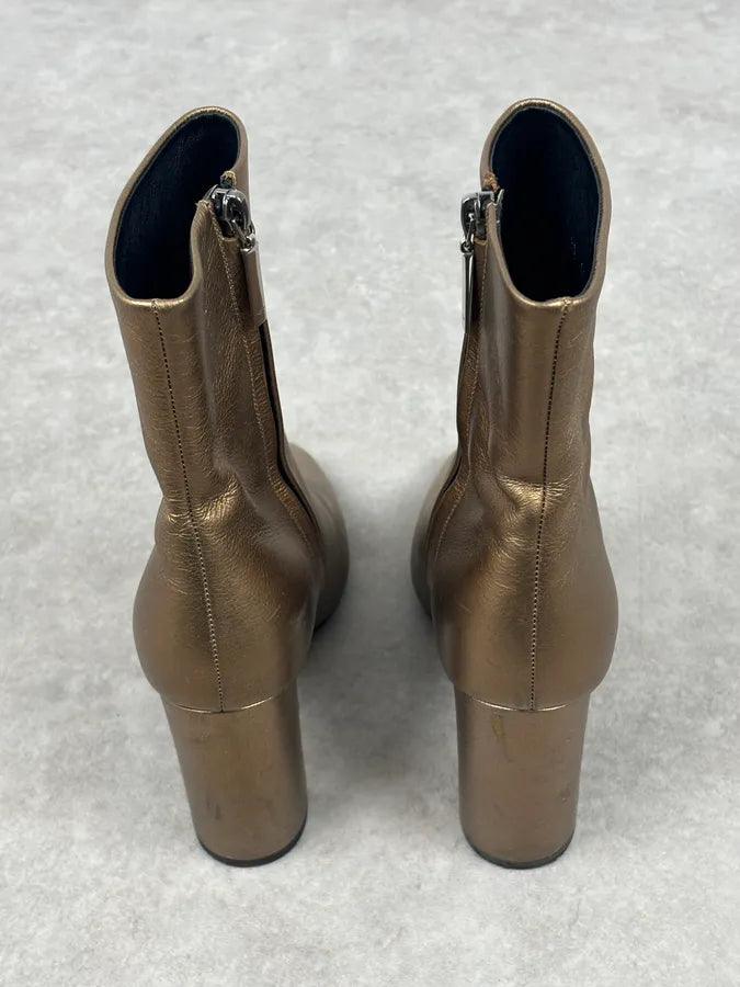 Saint Laurent Gold Leather Ruched Block Heel Bootie IwHWqzz 6