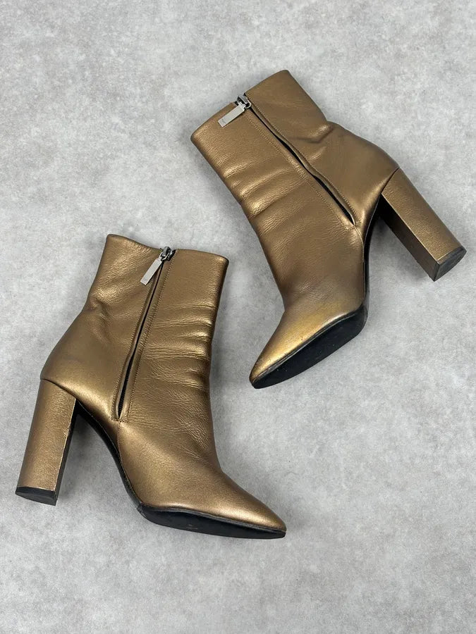 Saint Laurent Gold Leather Ruched Block Heel Bootie IwHWqzz 1