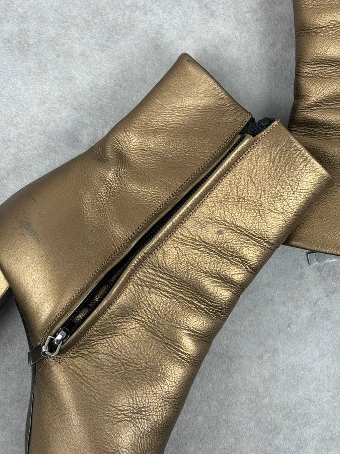 Saint Laurent Gold Leather Ruched Block Heel Bootie IwHWqzz 10